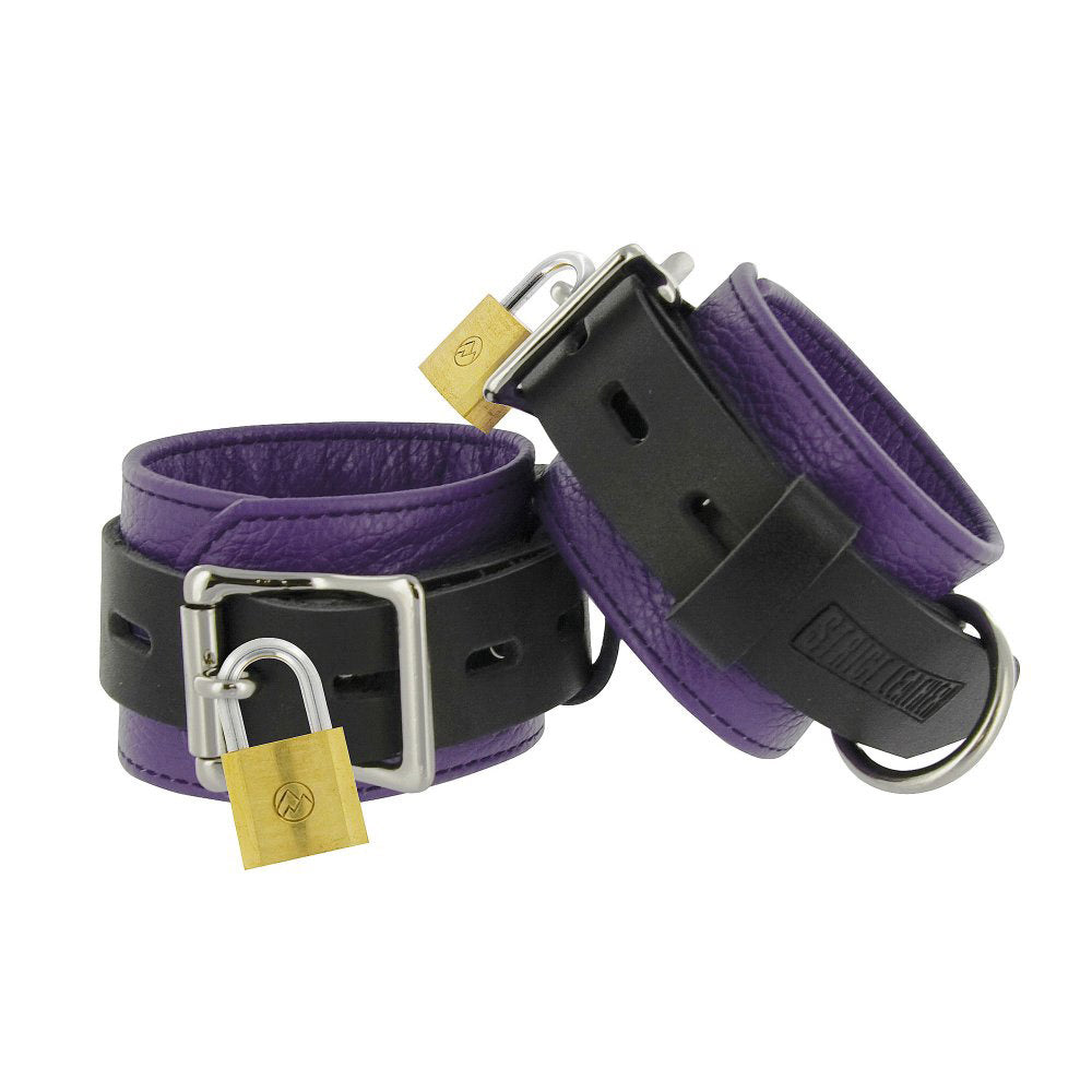 Leather Purple and Black Locking BDSM Cuffs