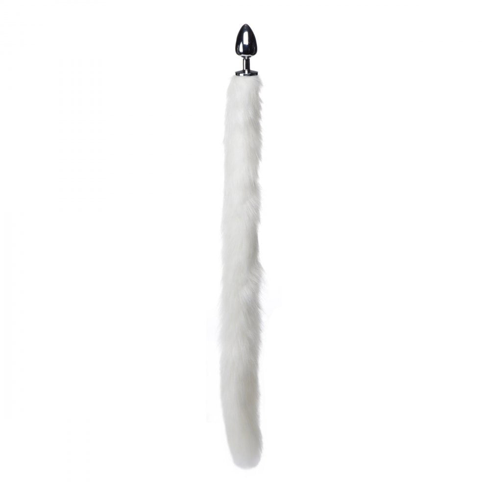 White Extra Long Mink Tail Metal Anal Plug