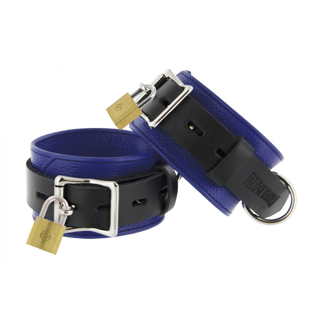 Leather Blue and Black Locking Ankle BDSM Cuffs
