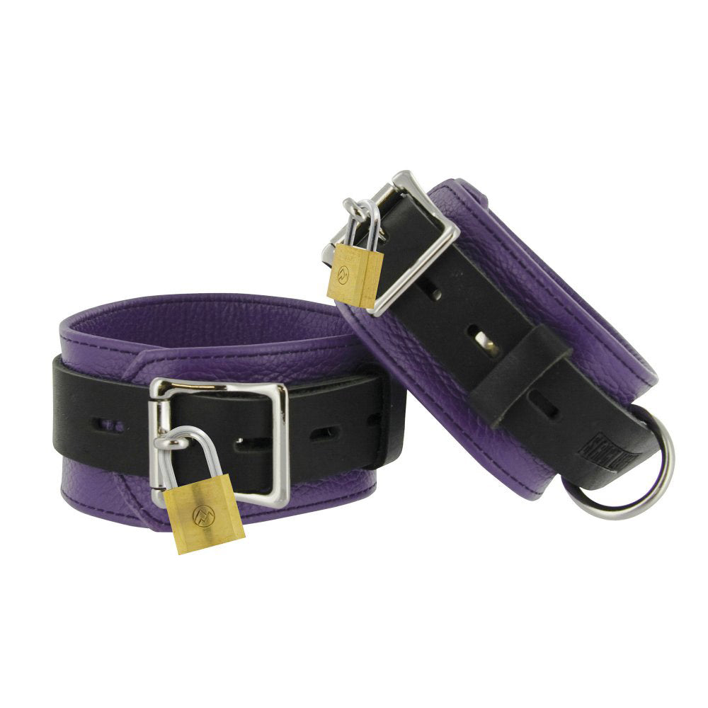 Leather Purple and Black Locking BDSM Cuffs