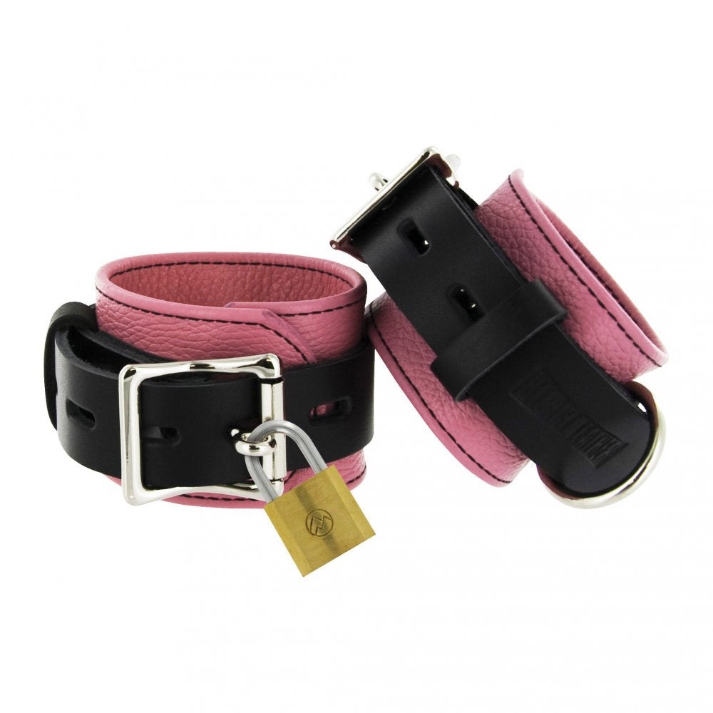 Leather Pink and Black Locking BDSM Cuffs