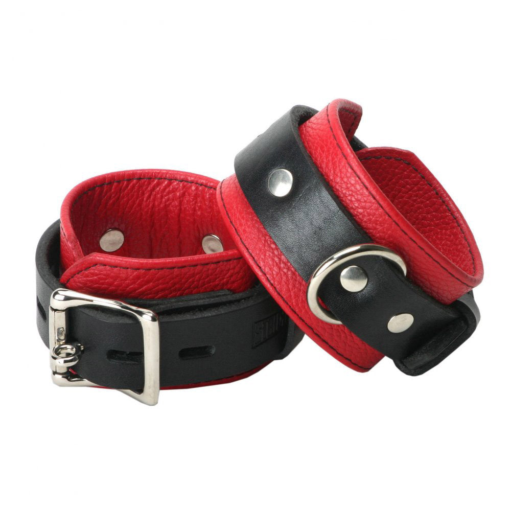 Leather Black and Red Locking BDSM Cuffs